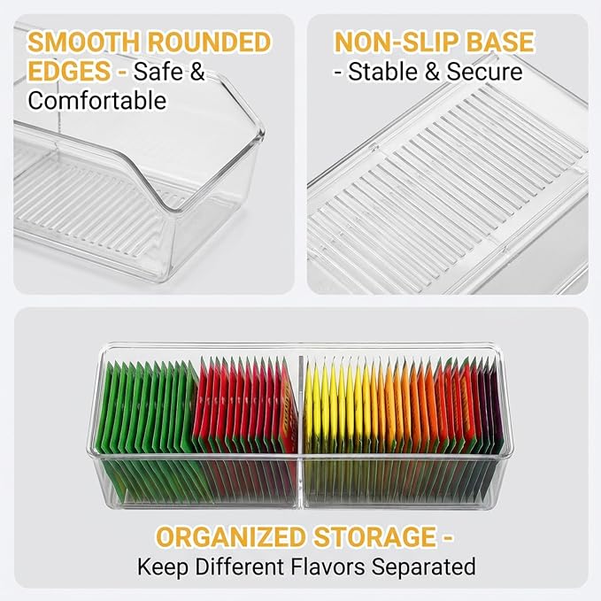 Tea Bag Organizer, Tea Bag Holder, Clear Plastic Tea Organizer for Cabinet, 2 Compartment Storage for Tea, Coffee, Sugar, Seasoning Packets, Fridge, Tabletop, Kitchen Countertop