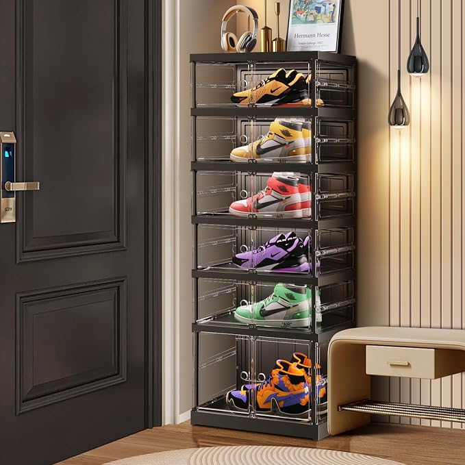 CIMLORD 6-Tier Foldable Shoe Rack, Magnetic Clear Doors, 12 Pairs, Black | Collapsible Narrow Plastic Shoe Cabinet, Stackable, Lidded, Tool-Free Assembly, Fits Boots & Sneakers, Closet & Entryway