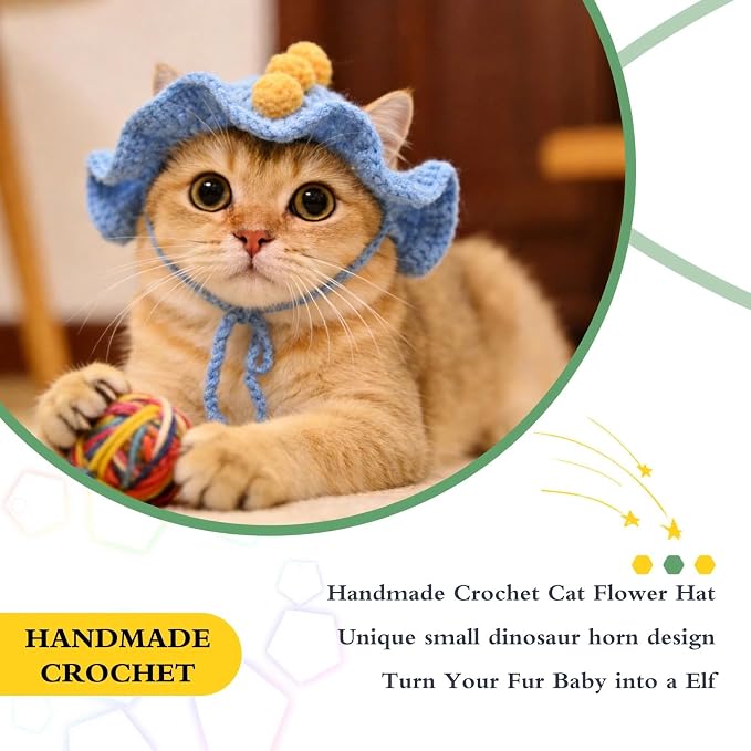 Dinosaur Cat Hat, Cotton & Soft Cute Knitted Hats for Cats Birthday Party Spring Puppy Hat for Small Pets (Blue,M)