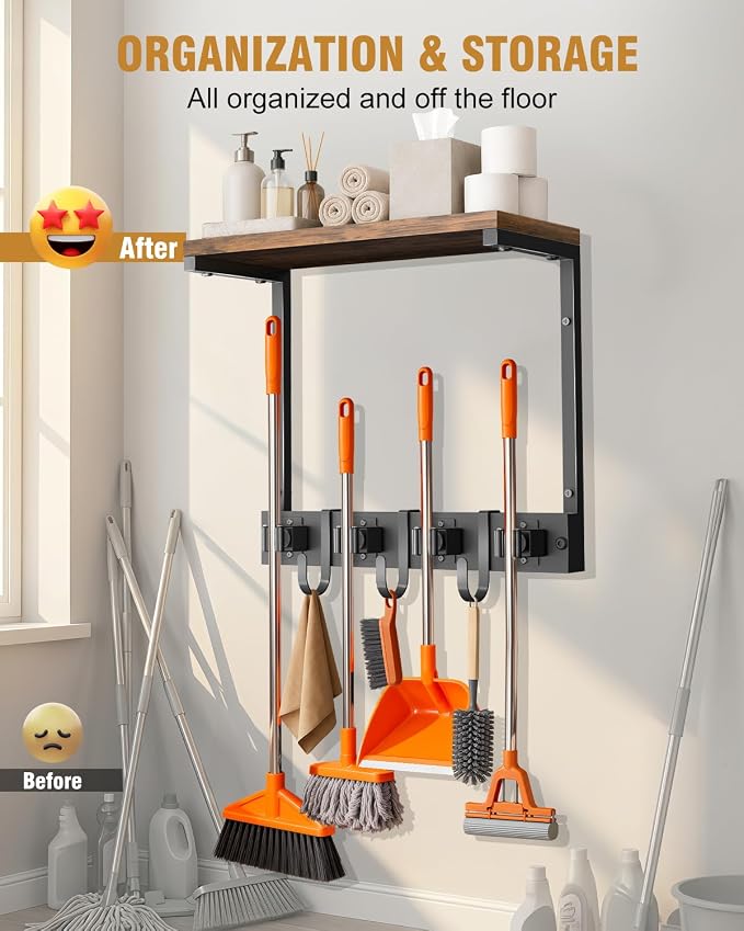 Supforce Small Broom Holder Wall Mount with Shelf, 4 Slots 3 Hooks | Black, 2-In-1 Wall Mount Stores Brooms/Mops, Cleaning Supplies With 4 Grippers/3 Hooks And A Sturdy Wooden Top Shelf