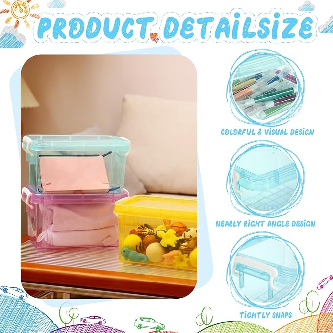 6 Pack Colorful Plastic Storage Bins with Lids 4 Quart Small Storage Latch Box Stackable and Nestable Clear Organizer Bins with Latching Handle and Buckle for Organizing(Colorful)