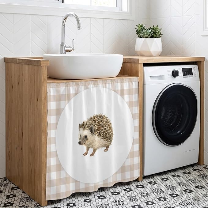 Hedgehog Cabinet Dishwasher Hidden Curtains, Privacy Closet Door Curtain, Modern Farmhouse Linen Checked Animal Adhesive Dust Proof Under Sink Skirt for Bathroom Kitchen 35"x35"