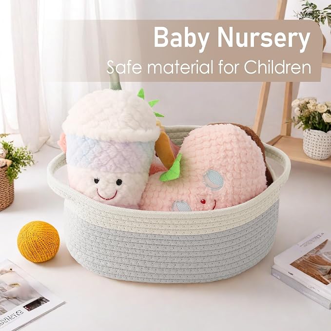JMvicyroam Small Woven Basket, Empty Gift Basket, White&Grey/2 Pack | Small Gift Basket, Cotton Rope, 12 x 8 x 67 in, Handles, Includes Ribbon and Bag, Birthday Gift Basket