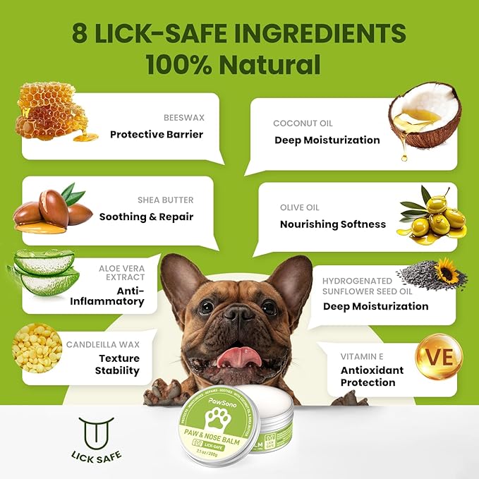PawSono Lick-Safe Dog Paw & Nose Balm with Coconut Oil | All-Natural Moisturizer & Soother for Dry, Cracked Pads & Snout | Heat & Cold Pavement Protection Wax, Nose Butter for Bulldogs (7.1 oz / 200g)