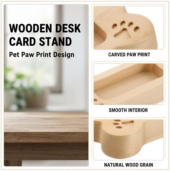 2 Pcs Wood Dog Bone Business Card Holder for Desk, Solid Wood Desktop Display Slot with Pet Paw Print Carving, Cute Creative Office Name Card Organizer, Easy Card Access for Home or Work