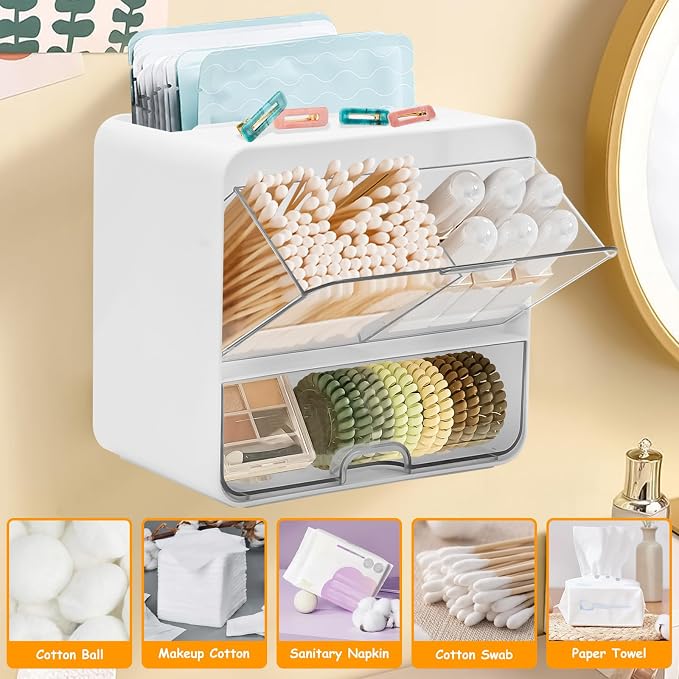 Qivine Tampon Holder for Bathroom Wall, Feminine Product Organizer Wall Mounted Tampon Dispenser, Pad Dispenser Wall Mount Pad and Tampon Organizer With Drawer and Lid No Drilling Installation