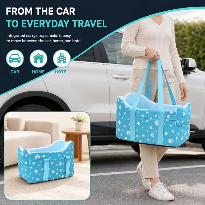 Center Console Dog Car Seat for Small Dogs Under 15lbs,Detachable Washable Booster Pet Car Seat Travel Bed with Storage Pockets and Seat Belt(Blue)