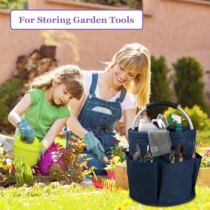 17L Cleaning Caddy with Handle, Portable Shower Caddy in 600D Oxford Fabric, Bucket Tool Organizer with 6 Side Pockets, Collapsible Storage Basket for Cleaning, Camping, Navy Blue
