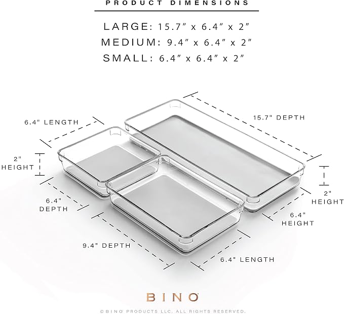 BINO | 3-Piece Drawer Organizer Bin Set - Grey, Large | THE MODULAR+ | Multi-Purpose Storage | Soft-Grip Lining and Non-Slip Rubber Feet | Durable | BPA-Free | Desk Drawer Organizer | Vanity Organizer