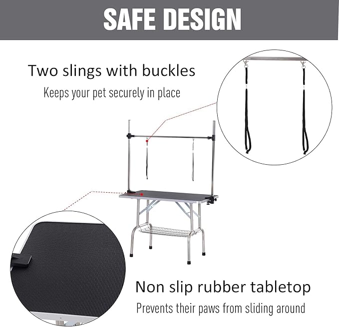 Pet Dog Grooming Table, Foldable Stainless Steel Pet Drying Grooming Table Up to 330lbs, Professional Bathing Desk for Dogs at Home with Adjustable Overhead Arms, Noose, Mesh Tray, 46''/Black