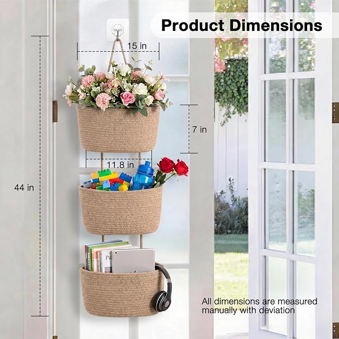 ICERZCZ Hanging Baskets for Organizing, Over the Door Decorative Storage Organizer, Nursery Decor Organization, 3-Tier Wall Basket for Entryway Playroom Bathroom Closet, Mixed Brown