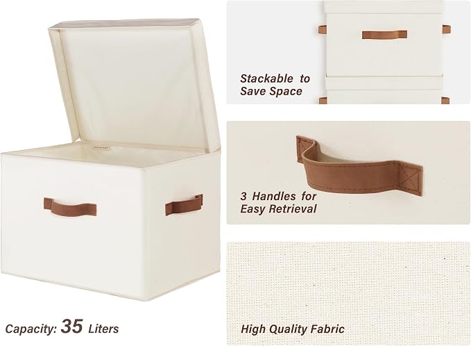 StorageWorks Fabric Storage Bins with Lids, Closet Storage Bins | Flip-Top Lid, 3 Handles, Collapsible, Stackable, for Clothes Blankets, Multi-Purpose, Jumbo, Ivory White, 2-Pack