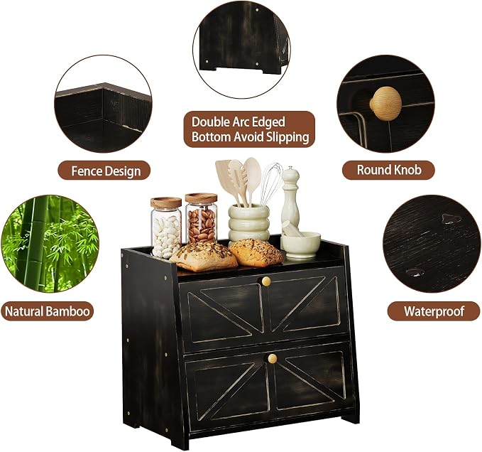 Trironsun Vintage Double Layer Bread Box for Kitchen Counter Bamboo Bread Storage Container Large Capacity Bread Storage Bin (Antique Black)