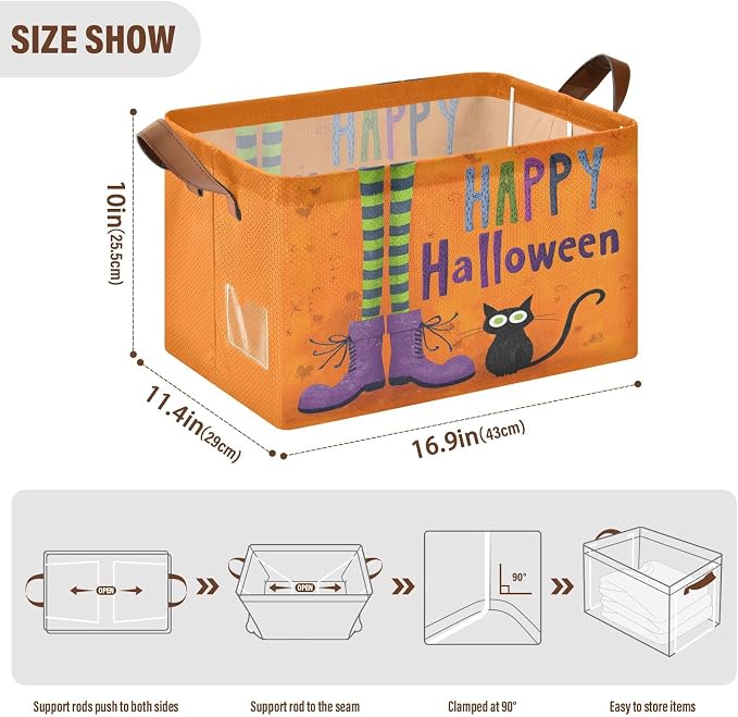 Happy Halloween Witch and Cat Storage Basket Foldable Cube Storage Bins with Handles&Label Waterproof Organizer Box Bin Large Rectangle Decorative Baskets for Shelves Home Room Laundry, 2 Pack