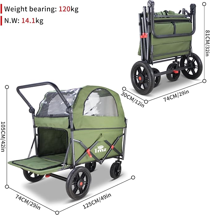 TMZ Collapsible Wagon Cart, Folding Utility Wagon with Breathable Fabric, Canopy, Expandable Storage, Adjustable Handle, Brake, Heavy Duty Cart for Walking & Camping (Green)