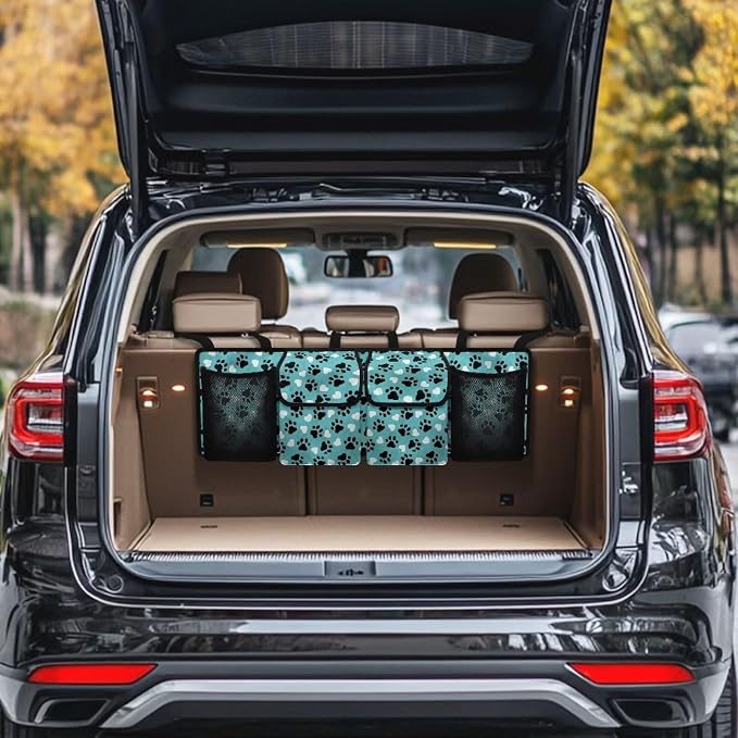 Dog Paw Car Trunk Organizer Hanging Multipurpose Auto Backseat Storage Bag Universal Automotive Interior Accessories with 4 Pockets 3 Adjustable Straps