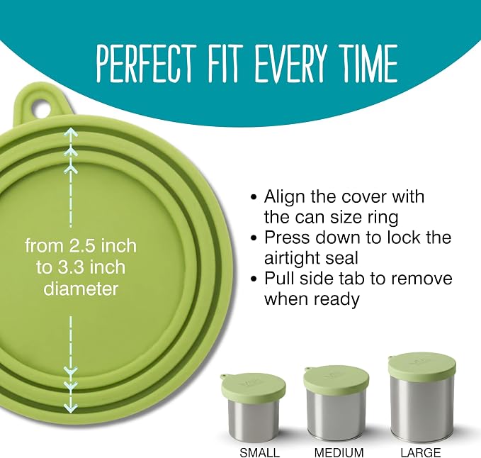 Messy Mutts Silicone Universal Can Cover, Fits 3 Can Sizes, Green | Reusable Silicone Pet Food Can Cover, Fits Small, Medium, And Large Cans, Airtight And Dishwasher Safe