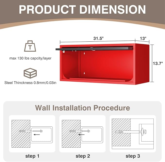 Metal Wall Storage Cabinet with Up-flip Door, Wall-Mounted Storage Cabinet for Garage, Warehouse, Home, Office, Assembly Required (Black Red, One Cabinet)