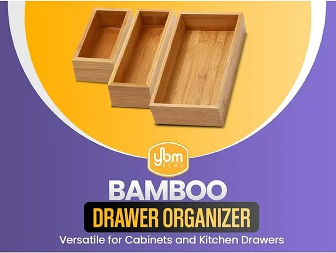 YBM HOME Bamboo Drawer Organizer Storage Box for Kitchen Drawer, Junk Drawer, Office, Bedroom, Children Room, Craft, Sewing, and Bathroom, 2 Pack 3x9x2 inch
