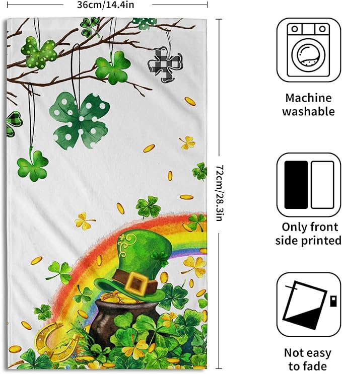 Giwawa Patrick Decorative Hand Towels- Lucky Clover Elf Hat Rainbow Towel Set of 2- Spring Shamrocks Leaf Face Towel Absorbent Dish Wash Cloth for Hotel Bathroom Gym Guest Home Holiday