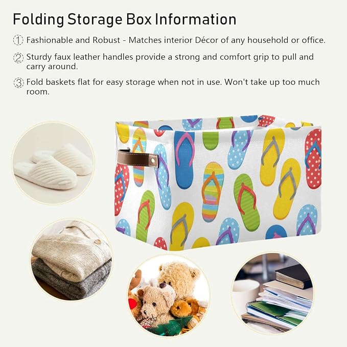 susiyo Large Foldable Storage Bin Summer Flip-Flops Fabric Storage Baskets Collapsible Decorative Baskets Organizing Basket Bin with PU Handles for Shelves Home Closet Bedroom Living Room-1Pack