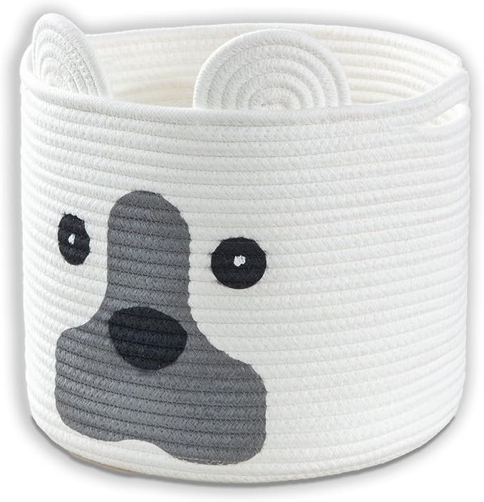 Medium Dog Woven Baskets with Handle, Dog Toy Hamper, Cotton Rope Dog Toy Storage Baskets for Pet, Animal Basket for Kids, Baby Gift Baskets for Dog Lovers, White