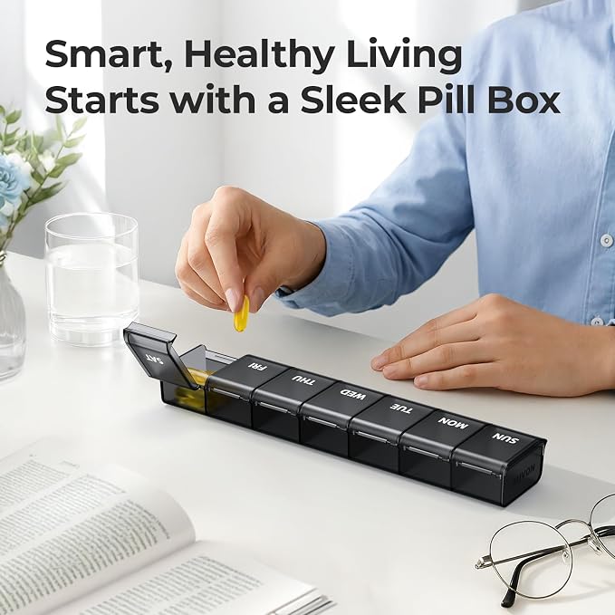 AUVON Weekly Pill Organizer with Effortless Opening Design, BPA-Free | Arthritis Friendly Pill Box, Cute Pill Organizer 7 Day, Portable Pill Case for Vitamins, Supplements and Medications, Black