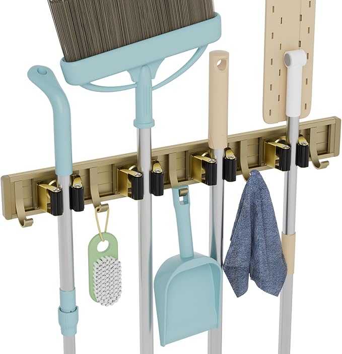 reliahom Broom Holder Wall Mount Mop Hanger Tools organizer 4Racks 5Hooks | Adjustable Mop Broom Wall Hanging Heavy duty Tools Storage Rack Space-saving for Garage,Kitchen,Laundry Room,Garden, Bronze