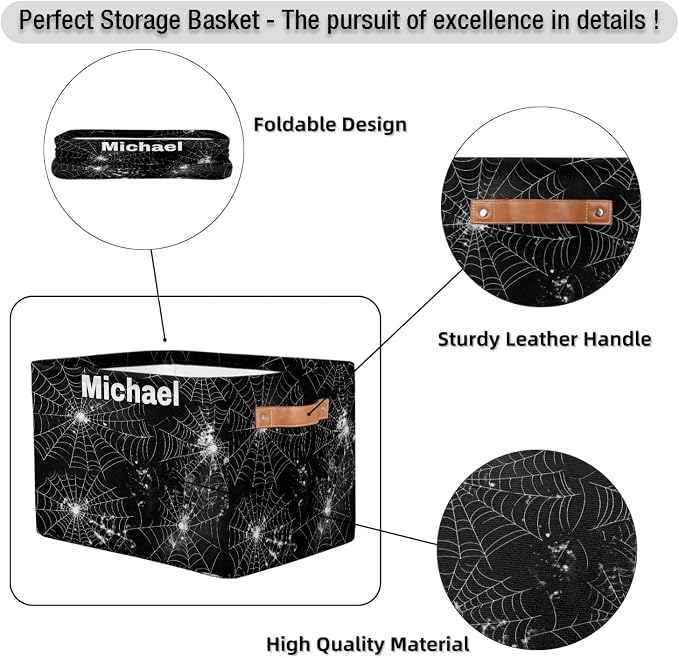 Custom Name Storage Bin, Personalized Rectangular Storage Basket with Handles for Organizing Boys Girls Toys Office Closet Shelf Baskets, Spider Web Black White
