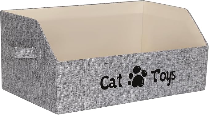19.7 in Cat Toy Bin, Cat Toy Storage Box Kitten Toy Basket Collapsible Pet Supplies Storage Chest Holder Organizer with Handles for Organizing Dogs Cats Toys Clothes Accessories, Gray