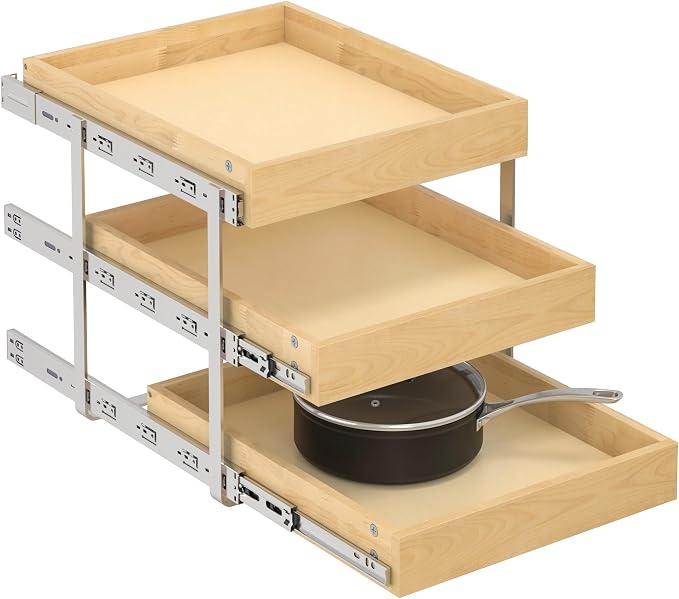 WelFurGeer 3-Tier Pull Out Cabinet Organizer with Soft Close, Heavy-Duty Pull Out Drawers for Cabinets, Slide Out Shelf for Kitchen, Pantry, Bathroom & Under Sink, Solid Birch Wood