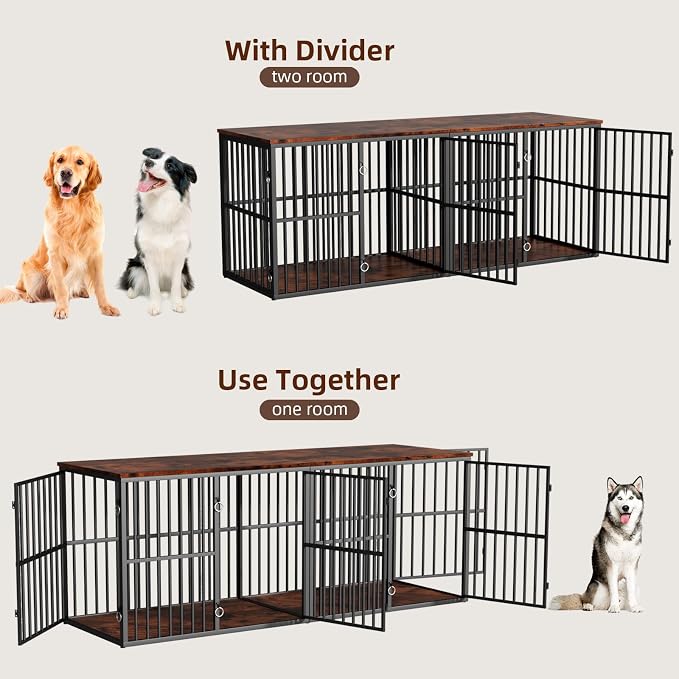 VOWNER 86.7" Double Dog Crate Furniture for 2 Large Dogs, Rustic Brown | Heavy Duty Wooden Dog Kennel with Removable Divider, XXL Dog Cage TV Stand End Table with 4 Doors, Double Locks for Each Door