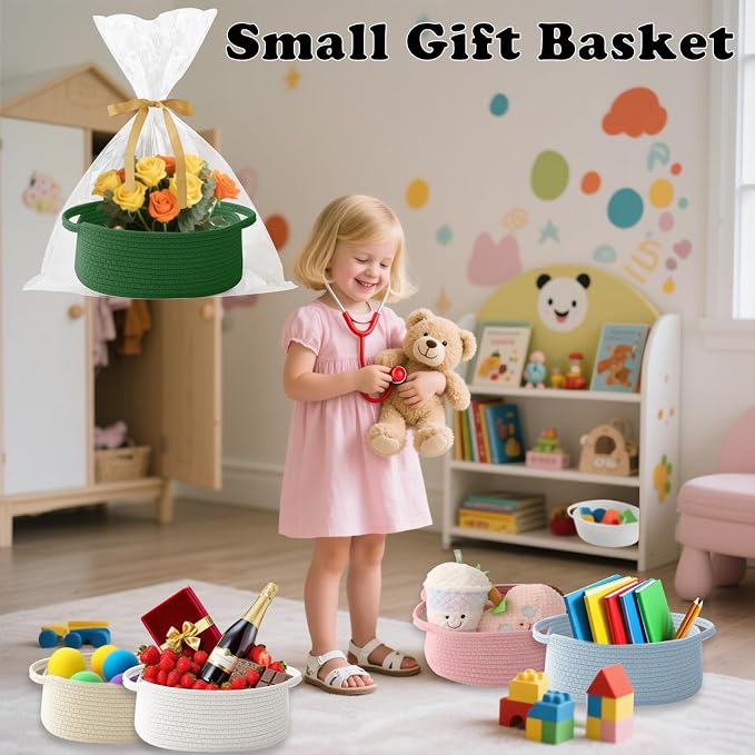 Woven Rope Basket - Baby Gift Basket with Bag & Ribbon, Green | Cotton rope with handle, 12 x 8 x 5 in, gift bag and ribbon, for baby shower, birthday, toy storage, nursery, shelf decor