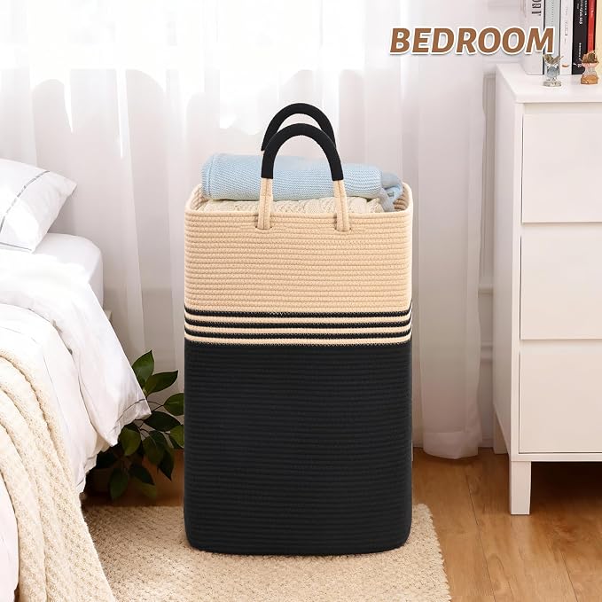 Laundry Basket Hamper,Blanket Storage,Dirty Clothes Hamper with Swivel Handles,Woven Cotton Rope Toy Baskets,Blanket Basket Living Room,Decorative Hampers for Nursery,Bedroom,Brown & Black,80L