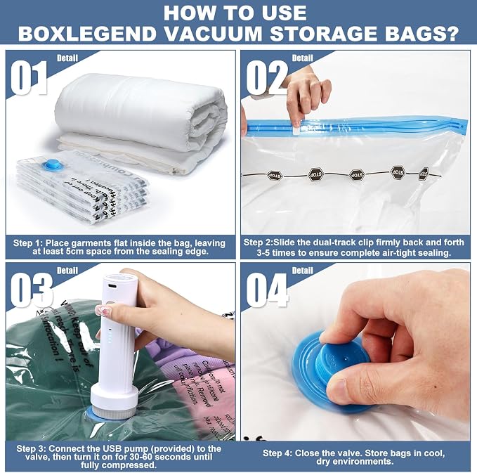 BoxLegend Vacuum Storage Bags with 1500mAh Electric Pump 15 Combo (1X-Jumbo, 2 Jumbo, 5 Large, 5 Medium, 2 Small) Thickened Vacuum Seal Bags for Clothing Blanket Pillow Comforters Bedding Quilt Coat