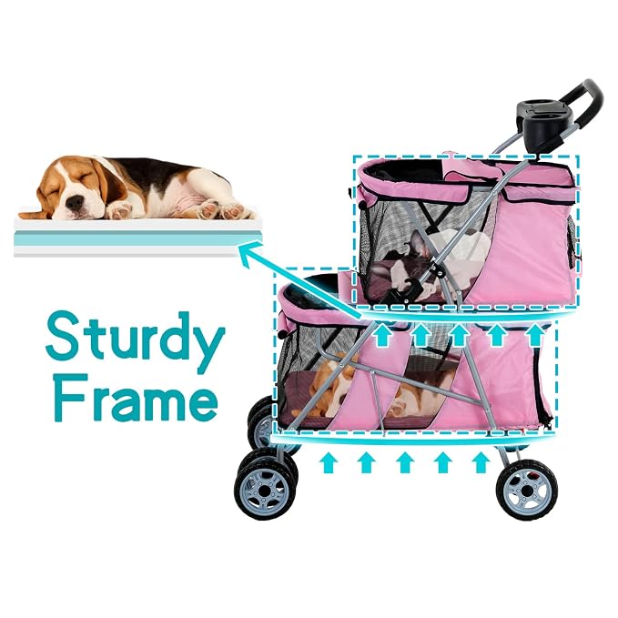 HHS Pet Strollers for 2 Dogs and Cats, Double 4 Wheel Doggie Small Medium Pets with Safety Belts Folding Portable Carriage Cart Storage Basket Travel Jogger, Pink, pinck, 30 x 19 40 Inch