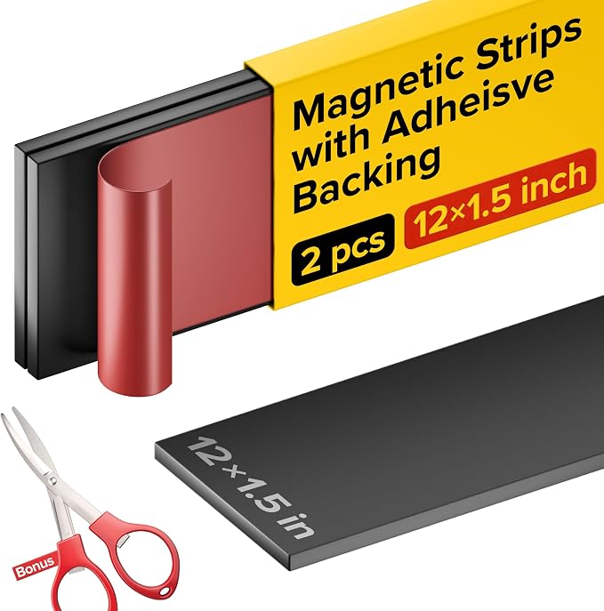 Super Sticky Adhesive Magnetic Strips, 12x1.5" (30x3.8cm), 2 pcs | Flexible Magnet Strips, Adhesive Backing, Easy to Cut & Mount, For Crafts, Labels & Light Organization