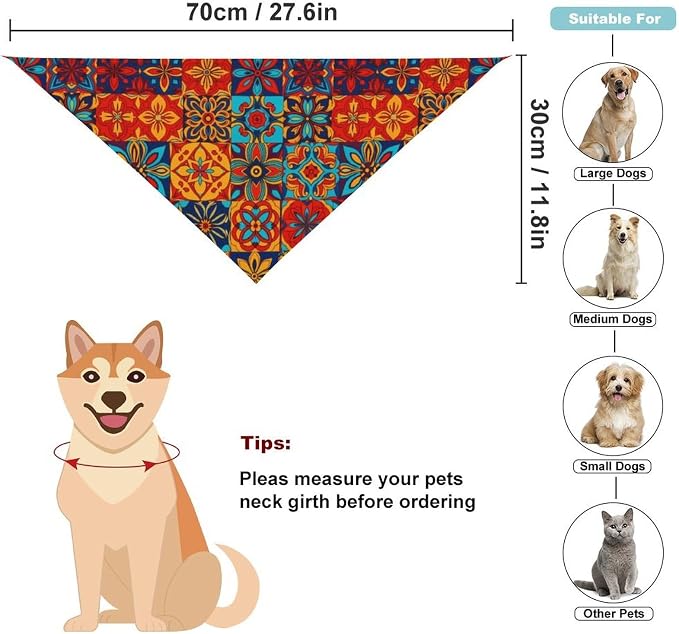 Lightweight Washable Pets Casual Fashion Scarf, Adjustable Comfy Traditional Ceramic Tiles Pattern Handkerchief for Wedding, Party, Daily Use