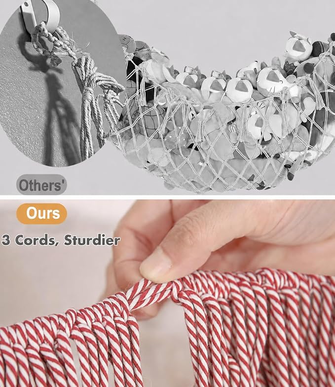Stuffed Animal Hammock - Extra Large 63'' Long (Red-White) | Premium Cotton Hand-knitted, Beautiful Long Tassel, Storage Hanging Organizer, Can Fit Stuffed Animals 40 Piece or More