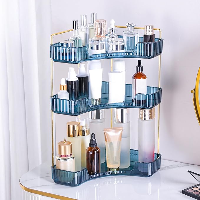 Corner Bathroom Counter Organizer Bathroom Countertop Shelf Makeup Organizer for Vanity Perfume Tray for Corner Storage (3 Tiers, Blue)