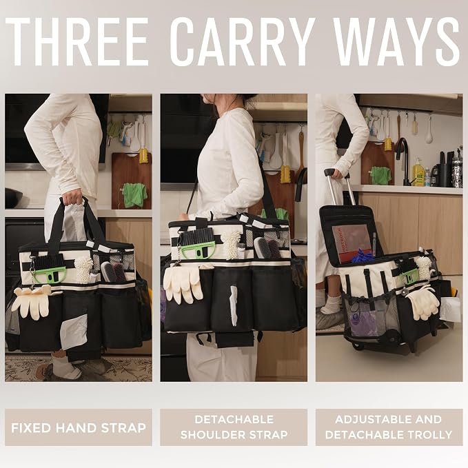 SCAVATA Rolling Cleaning Caddy Bag with Detachable Trolley, Large Cleaning Supplies Organizer with Wheels, Multi-Pocket Cleaning Cart with Adjustable Shoulder Strap for Housekeepers (CreamWhite)