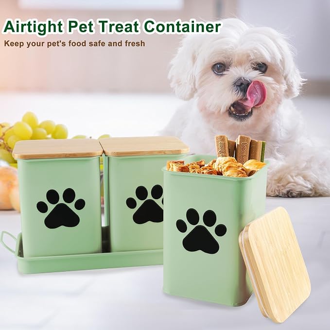 Set of 3 Metal Dog Treat Jars,60oz Airtight Dog Treat Container with Bamboo Lids,Cat Treat Canister,Puppy Cookie Container for Kitchen Counter,Coated Galvanized Steel-Green