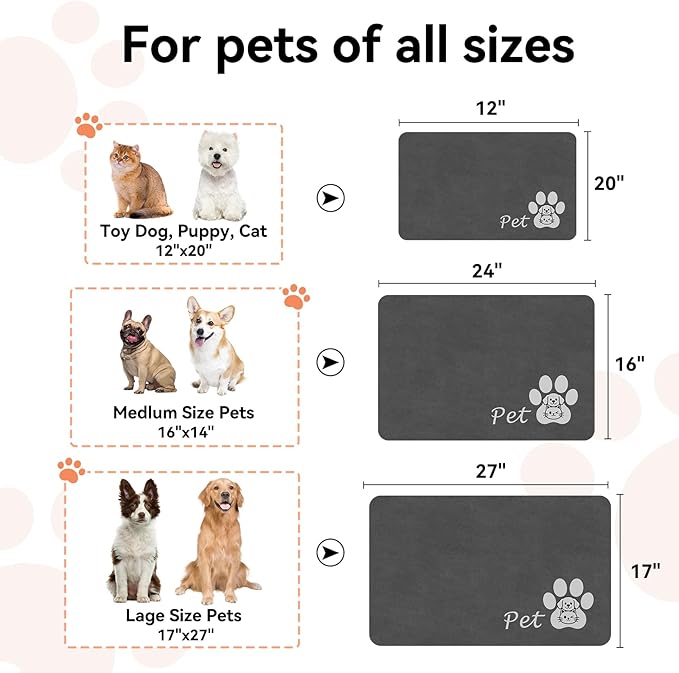 Dog Cat Feeding Mat-Absorbent Pet Bowl Mat for Food and Water, Quick Dry Water Dispenser Mat for Floors with Waterproof Rubber Backing, Puppy Cat Placemat Mats for Messy Drinkers,12"x20",Dark Grey