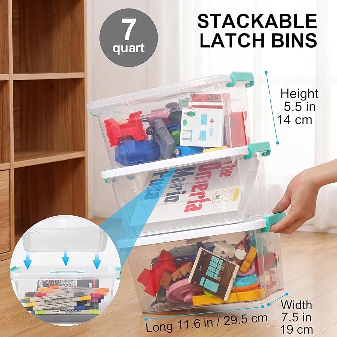 Storage Bins with Lids,7Qt Clear Stackable Storage Containers With Lids Buckle Latches.Perfect for LEGO, Crafts, Office Supplies, and Dorm Room Organization,6-Pack