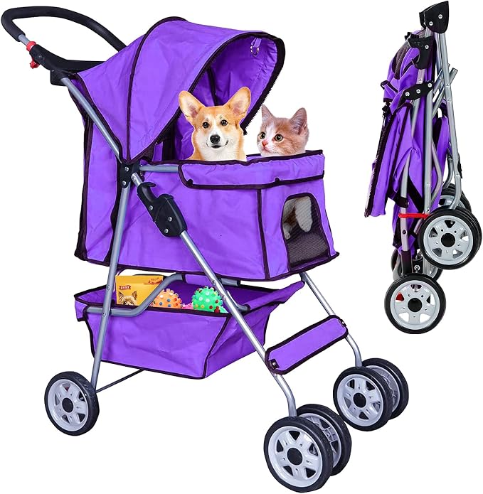 Best 4 Wheels Dog Cat Stroller, Lightweight & Foldable Pet Jogger, Carrier Strolling Cart W/Cup Holders Removable Liner - Purple