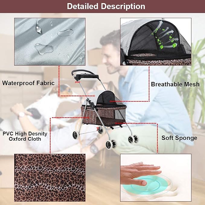 HGS Pet Cat Dog Stroller 4 Wheels Jogger Puppy Travel Carrier Portable Doggie Cage Strolling Cart with Cup Holders, 35Lbs Capacity Folding Waterproof for Medium Dogs Cats Pet, Leopard Skin