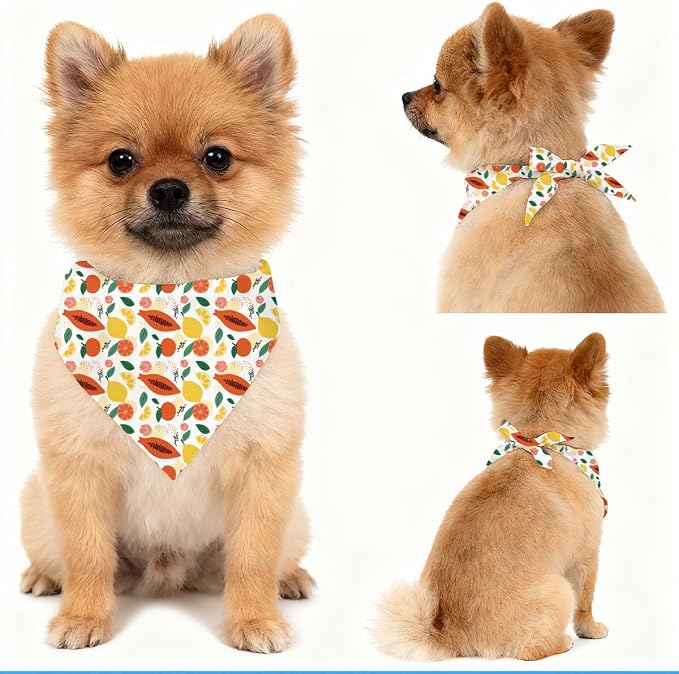 Summer Dog Bandana, Papaya Lemon Orange Pet Triangle Scarf for Beach Picnic Party Outfit, Tropical Fruit Neckerchief for Small Medium Dogs, Cute Puppy Accessory