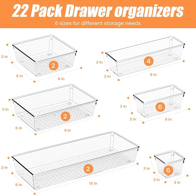 22 Pcs Drawer Organizer Bins, Acrylic Non Slip Kitchen Drawer Organizers Storage Tray Divider, Multifunctional Storage for Cosmetics, Bathroom, Tools, Kitchen and Office