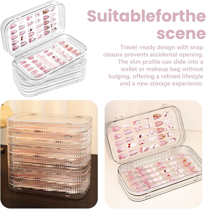 Large Tri-Fold Press On Nail Organizer Case - 4-Page Portable Storage Box for Fake Nails, Clear PET Plastic Travel Holder (6×3.2×1.8 inch) Texture
