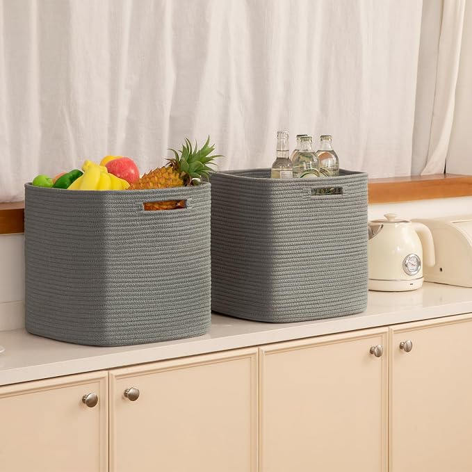 OIAHOMY 2 PACK Cube Storage Bin 13 Inch Collapsible Storage Cube Dark Grey | Cube Storage Organizer Storage Bins for Shelves Baskets for Organizing Woven Rope Storage Baskets